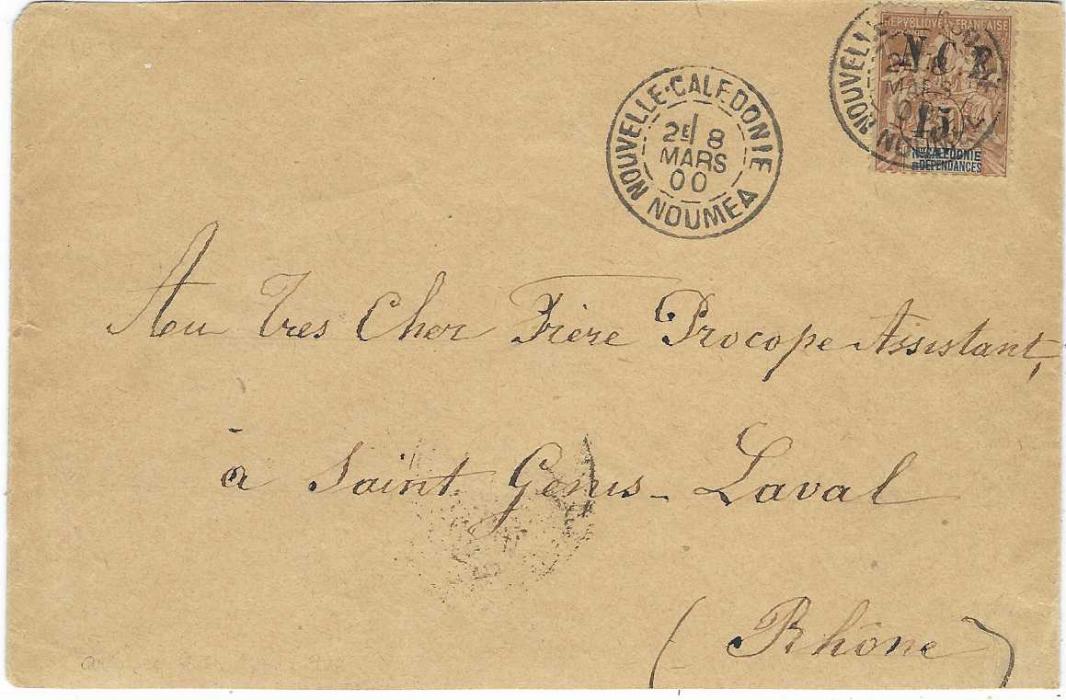 New Caledonia 1900 and 1901 envelopes to France corrcetly franked at Community rate of 15c. using the 1899-1901 surcharges with, in these cases ‘15’ on 30c. and ‘15’ on 75c. Ex. Grabowski, on his album page.