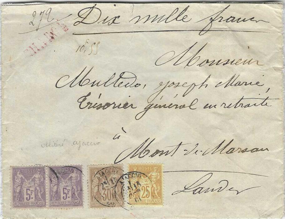 France (Corsica) 1881 (15 Oct) insured cover for 10,000 francs to mainland franked ‘Sage’ 25c., 30c. and pair of 5f. tied Ajaccio cds, straight-line CHARGE handstamp at top and framed segmented handstamp on reverse in same colour, reverse also with French tpo and arrival cds plus five complete red wax seals. A fine and rare franking from Corsica