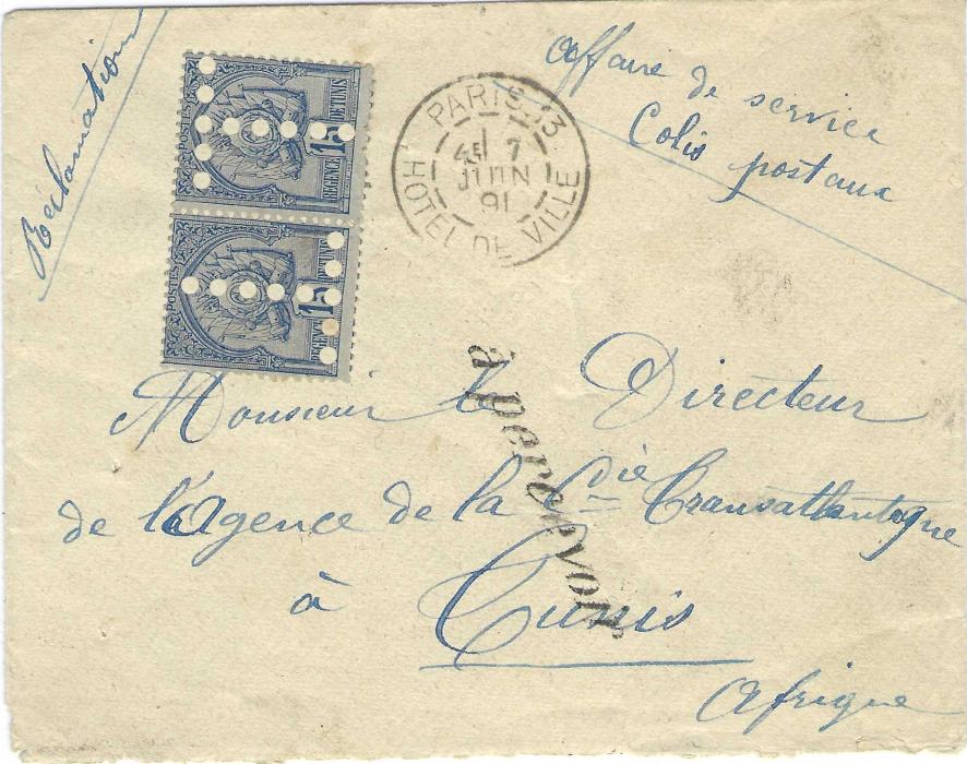 Tunisia 1891 stampless cover from Paris to Tunis, endorsed 