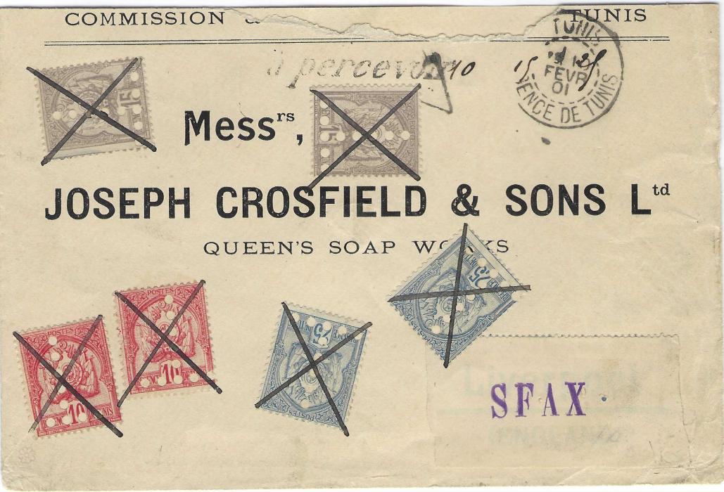 Tunisia 1901 unfranked printed envelope, reduced at top, to Sfax with Tunis despatch cds, ‘a percevoir’ and triangular-framed ‘T’ handstamps applied on arrival and perforated ‘T’ 10c. (2), 15c. (2) and 25c (2) applied and each neatly tied by pen cross