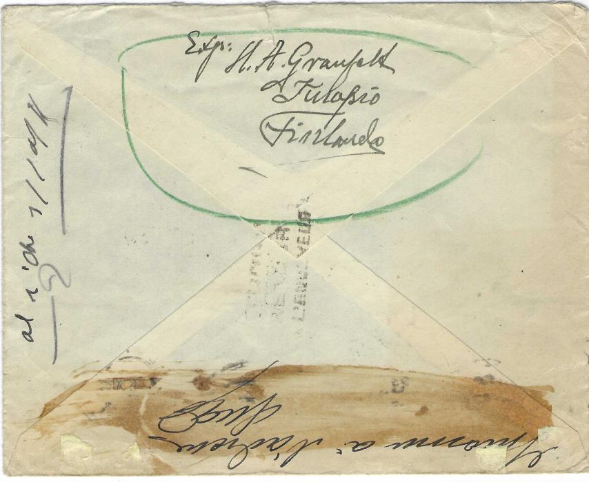 Tunisia 1935 (23.IX.) incoming unfranked cover from Kuopio, Finland to Tunis endorsed Express under despatch cancel, framed ‘T’ handstamp and blue crayon “41 2/3c” , a 1923-29 3f.  violet/rose postage due applied and tied by machine cancel, but the charge was refused and stamp with green crayon cross, address similarly erased and thee-line handstamp TUNIS/ RETOUR/ A L’ENVOYEUR front and back. Small tear at top of envelope.