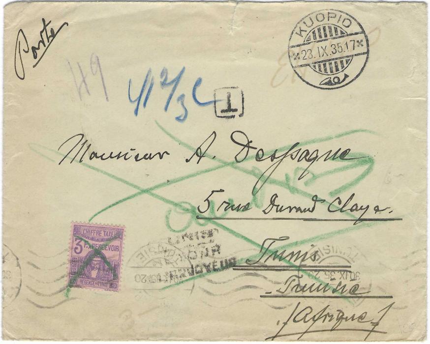 Tunisia 1935 (23.IX.) incoming unfranked cover from Kuopio, Finland to Tunis endorsed Express under despatch cancel, framed ‘T’ handstamp and blue crayon “41 2/3c” , a 1923-29 3f.  violet/rose postage due applied and tied by machine cancel, but the charge was refused and stamp with green crayon cross, address similarly erased and thee-line handstamp TUNIS/ RETOUR/ A L’ENVOYEUR front and back. Small tear at top of envelope.