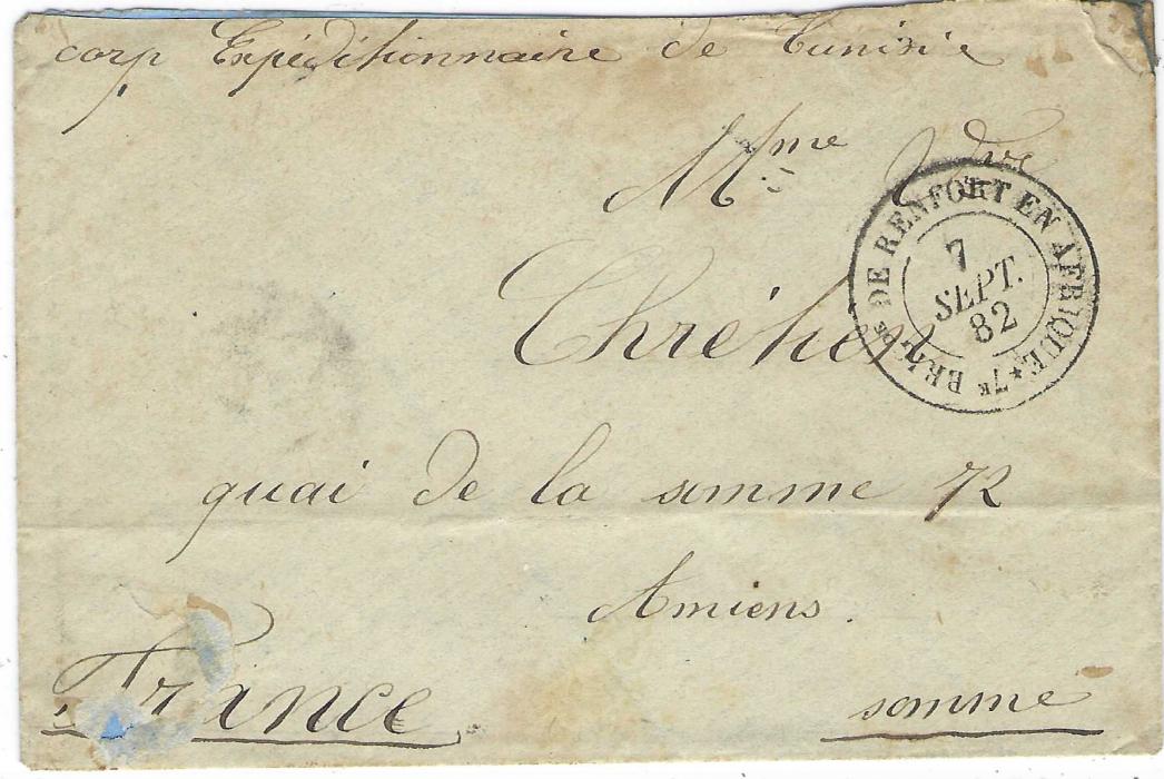 Tunisia 1882 envelope to Amiens, France endorsed “corp Expeditionnaire de Tunisie” and bearing 7e Brigde De Renfort En Afrique, arrival backstamp; some faults to envelope.