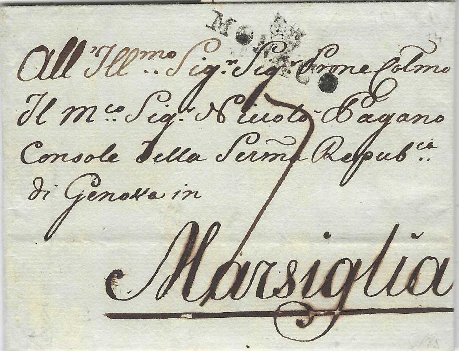 Monaco 1794 entire to Genoese Consul at Marseille, written from Genova bearing two-line 85/ MONACO handstamp at top; fine and clean condition