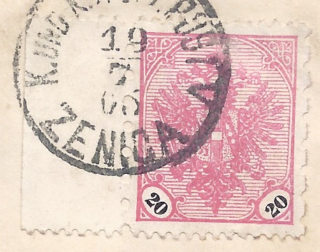 Bosnia Herzegovina 1905 cover to Vienna bearing single franking marginal 20h. pink and black, perf 12.5 x 6.5 tied by Zenica cds, arrival backstamp. Scarce marginal mixed perforation example on cover.