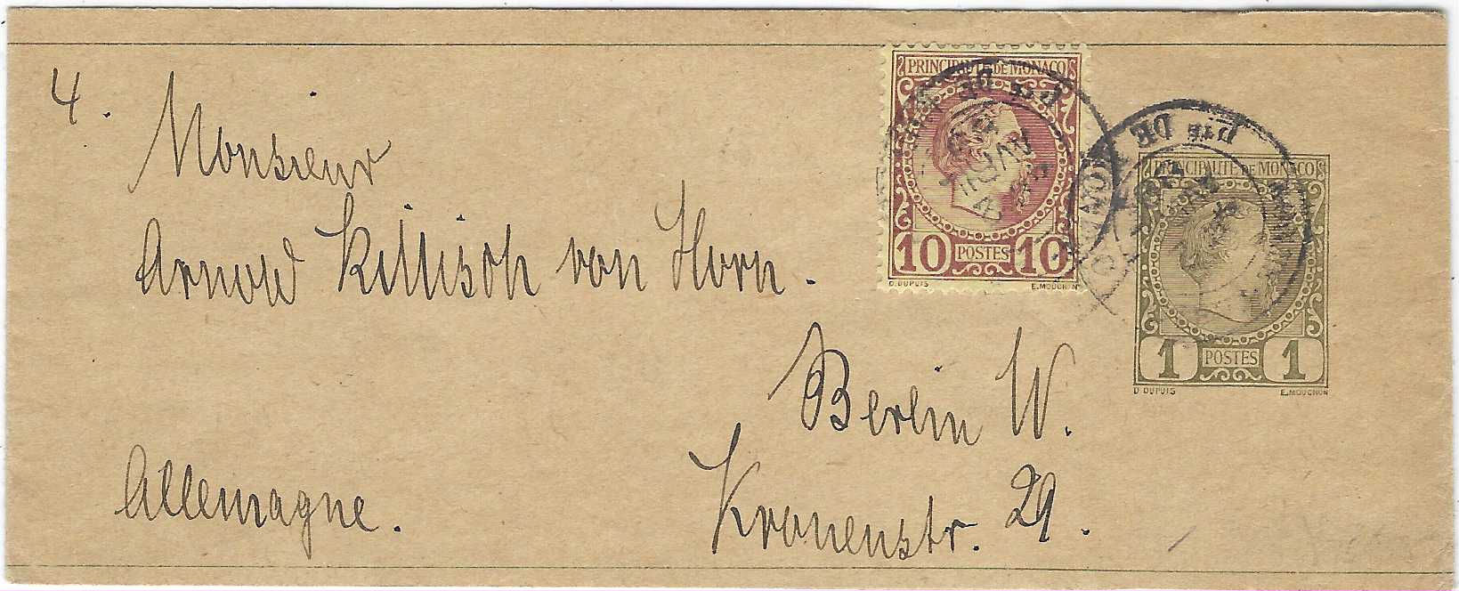 Monaco 1889 (2 Avril) 1c. postal stationery newspaper wrapper, uprated 1885 10c. to Berlin; fine condition.