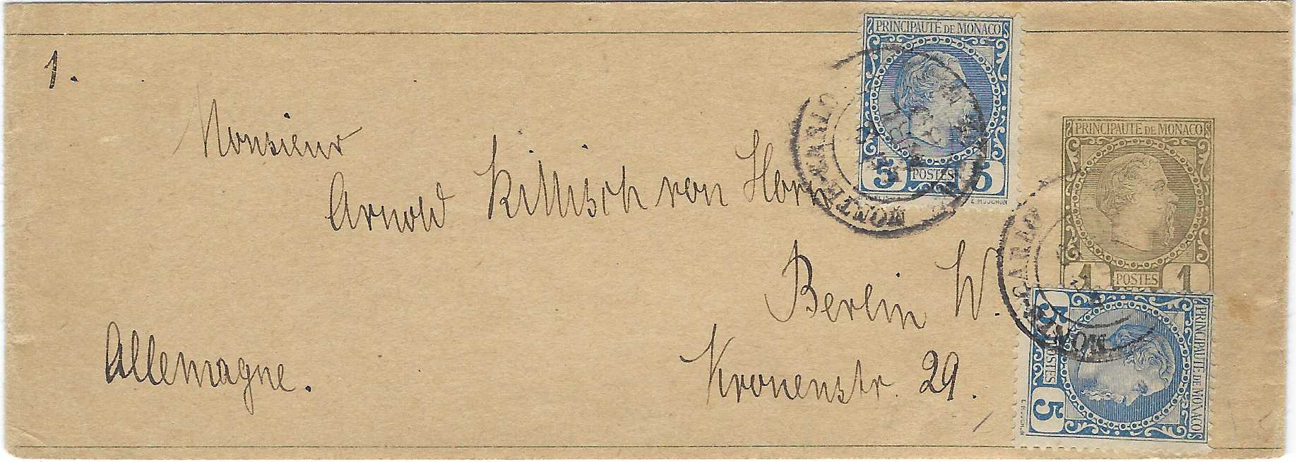 Monaco 1889 (9 Avril) 1c. postal stationery newspaper wrapper, uprated two 1885 5c. to Berlin; fine condition.