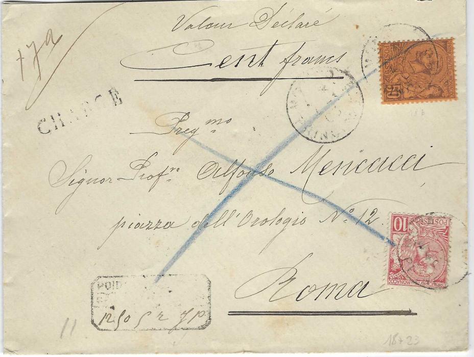 Monaco 1903 value declared envelope to Rome, Italy for 100 francs, franked 1901 10c. and 1891-94 50c. tied by faint cds, similarly faint segmented framed charge handstamp, reverse with five largely complete wax seals  and Italian transits and arrival cancels.
