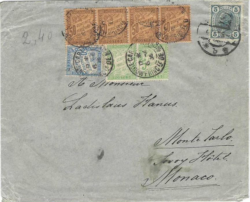 Monaco 1905 incoming underfranked cover from Austria with manuscript 