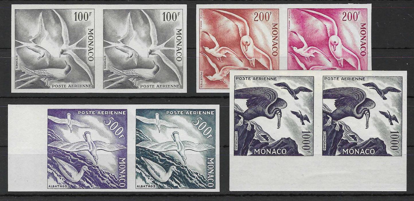 Monaco 1955 Airmail set of four imperf proofs, all in pairs, the 200f. and 500f. in two different colours, fresh mint never hinged.