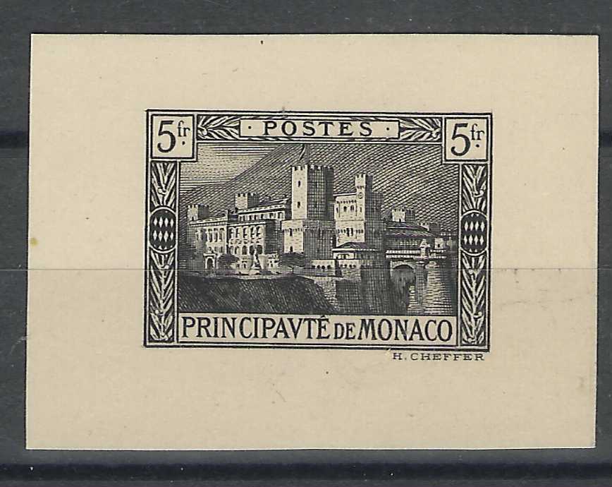 Monaco 1922 5fr. Castle in black engraved actual  size proof on thin card, fine and fresh, hinged.