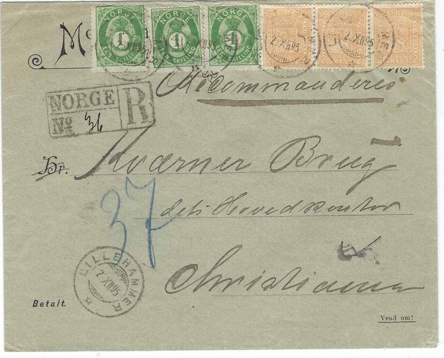 Norwy 1895 (2.XII.) advertising envelope registered to Christiania bearing mixed franking  1867 2sk. Horizontal strip of three and 1873 1sk. (3) tied by Lillehammer cds, registration handstamp at left; some damage to reverse.