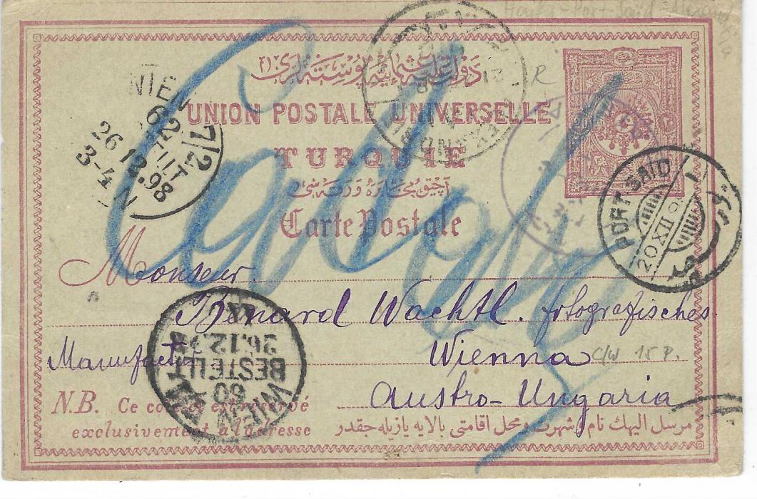 Palestine (Ottoman) 1898 20pa postal stationery card to Vienna cancelled violet bilingual Haifa cds, Alexandria and Port Said transits, two arrival cancels Wien 7/2 numbers 60 and 62, full message on reverse headed  “Zihron Jacob”