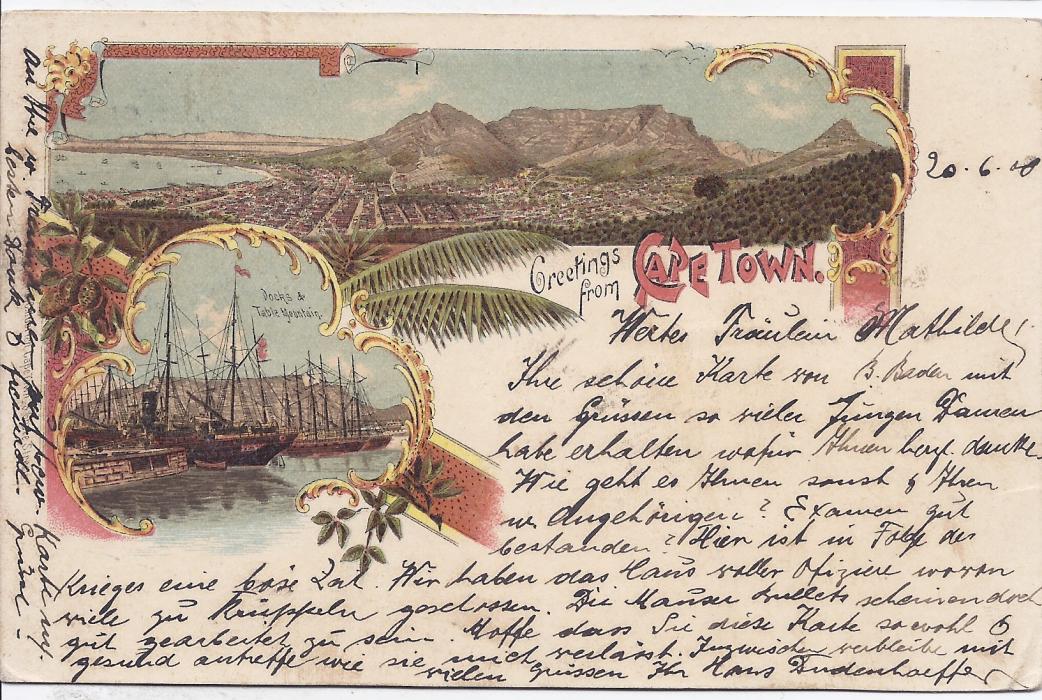 Cape of Good Hope 1900 1d. card with Cape Town views fine used with Kloof St Gardens square circle date stamp and Karlsruhe arrival cds.