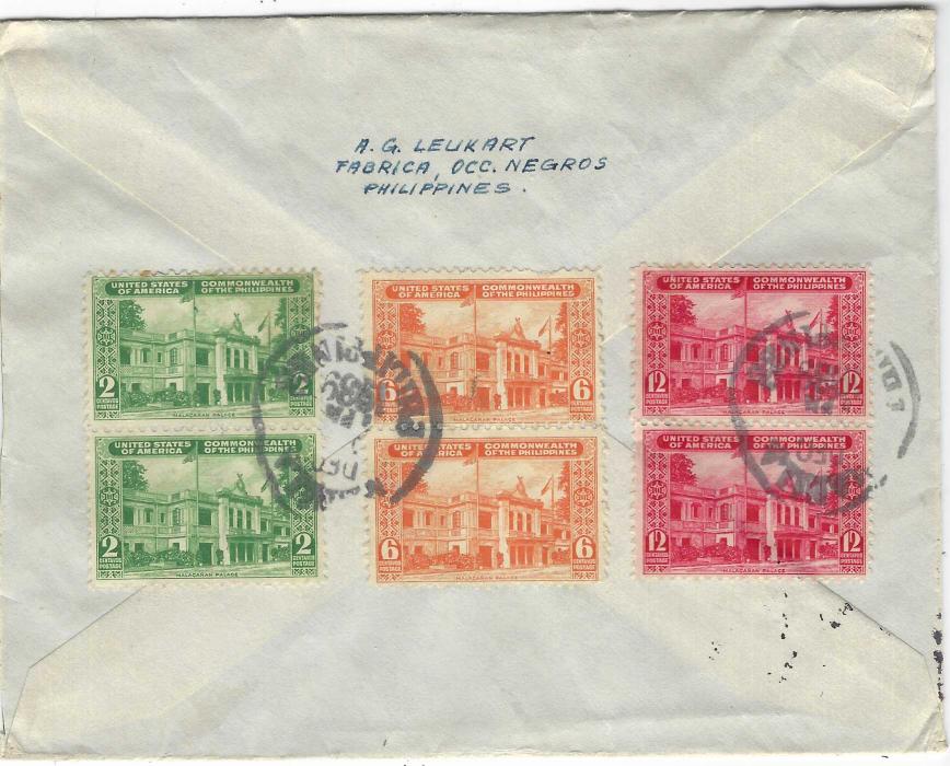 Philippines 1939 airmail cover to Switzerland franked front and back, endorsed “By airmail via Singapore”, appropriate handstamp at bottom right, small red manuscript “A.V.2.” applied at Singapore, and three-line violet censor cachet also applied there; good condition.