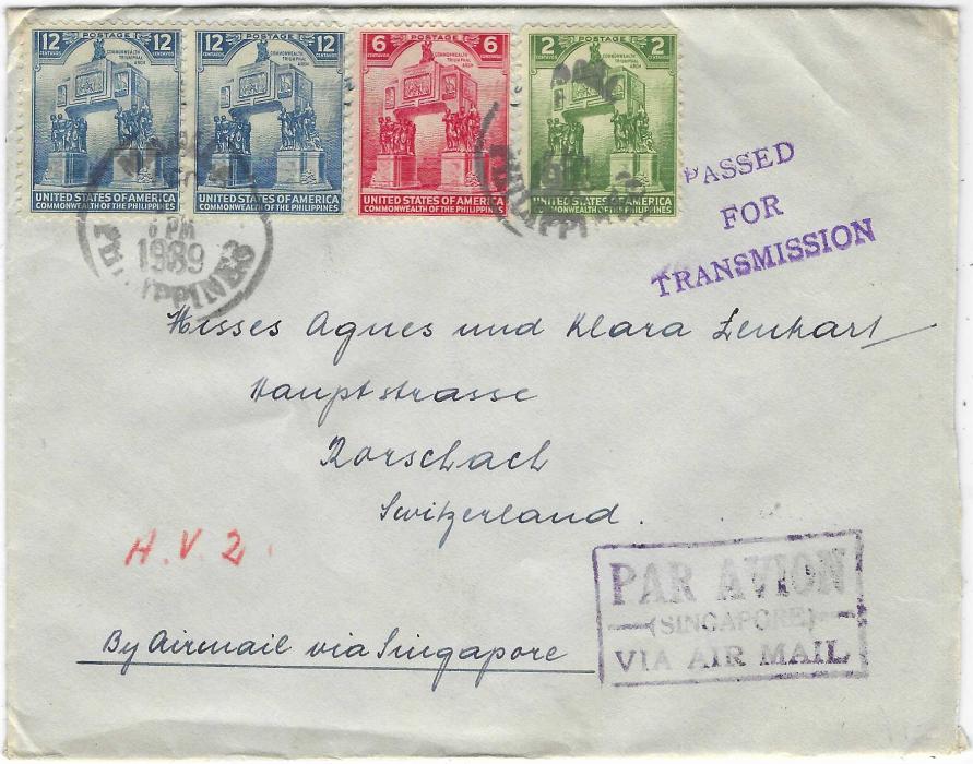 Philippines 1939 airmail cover to Switzerland franked front and back, endorsed “By airmail via Singapore”, appropriate handstamp at bottom right, small red manuscript “A.V.2.” applied at Singapore, and three-line violet censor cachet also applied there; good condition.