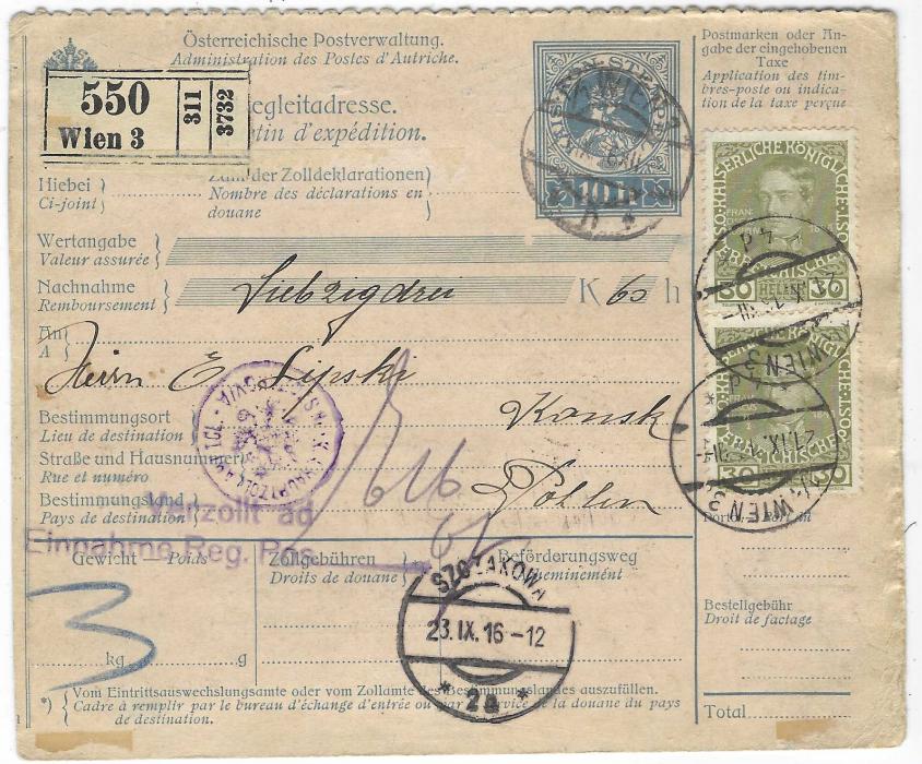 Austria 1916 (21.IX.) 10h parcel stationery card to Konsk, Poland additionally franked 30h. (2) on front and 2h. and 6h. on reverse, cancelled Wien cds, underfranked  and on reverse Feldpost 4h. and 10h. Postage Dues applied and tied Konsk cds of 27.IX; fine and scarce.