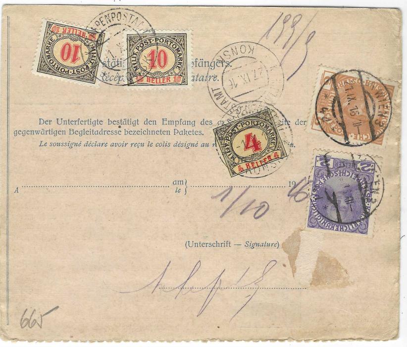 Austria 1916 (21.IX.) 10h parcel stationery card to Konsk, Poland additionally franked 30h. (2) on front and 2h. and 6h. on reverse, cancelled Wien cds, underfranked  and on reverse Feldpost 4h. and 10h. Postage Dues applied and tied Konsk cds of 27.IX; fine and scarce.