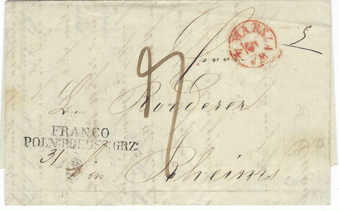 Poland 1850 entire to Rheims, France struck with the small WARSZAWA red cds and fine two-line ‘FRANCO/ POLN:PREUSS:GRZ:’ handstamp applied at Berlin, German tpo, Valenciennes and St Quentin transits and arrival cs on reverse.