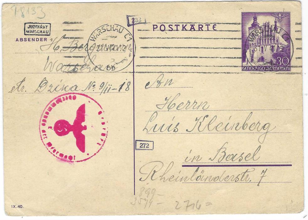 Poland (Generalgouvernement) 1941 (27.V.) 30Gr. postal stationery card to Basel. Switzerland with Warschau C1 machine cancel, red German censor cachet and small framed JUDENRAT/ WARSCHAU handstamp at top; fine condition.