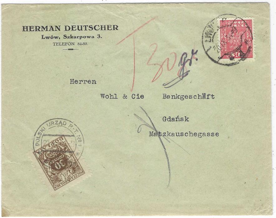 Poland 1934 (20.IX.) commercial envelope to Gdansk underfranked with 30Gr. tied Lwow cds, red manuscript “T 30gr”, the ‘gr’ being overwritten in a bolder colour, 30Gr. Postage Due applied tied by Polski Urzad P.T. No.1 cds