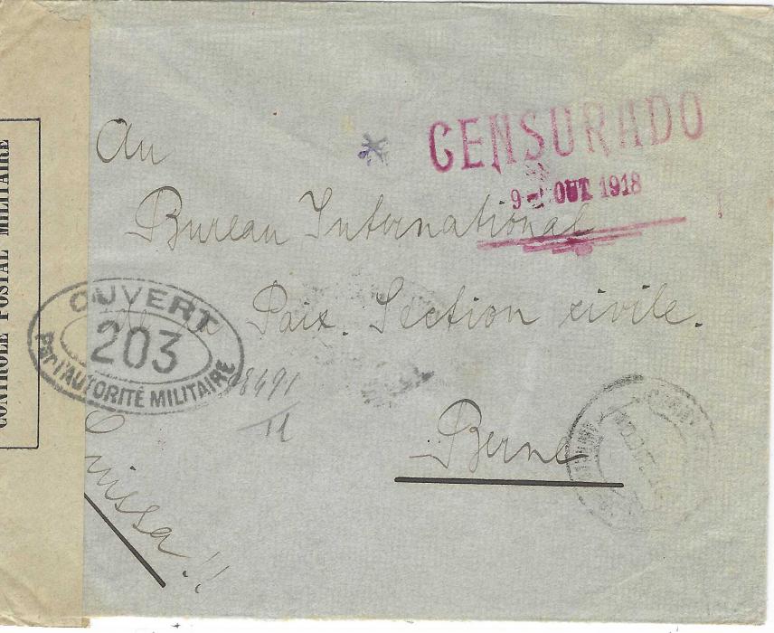 Portugal (Azores) 1918 stampless envelope to “Bureau International Paix, Section civile” at Berne, Switzerland with faint Angra despatch cds bottom right, reddish violet two line dated CENSURADO, censor tape at left tied front and back by ‘203’ cachet, reverse with senders details and ornately framed oval DEPOSITO/ DE/ CONCENTADOS ALEMAES/ NA/ ILHA TERCEIRA; fine.