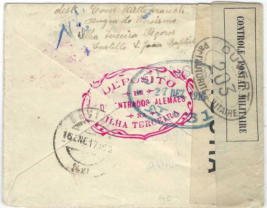 Portugal (Azores) 1916 (Dec) stampless envelope to Sevilla, Spain with various cachets including ornate oval-framed DEPOSITO/ DE/ CONCENTADOS ALEMAES/ NA/ ILHA TERCEIRA front and back, violet four-line Mission Portugaise/ des/ Prisonniers de Guerre/ LISBONNE, two censor tapes at left side. A fine early item showing unusually fine quality handstamps throughout.