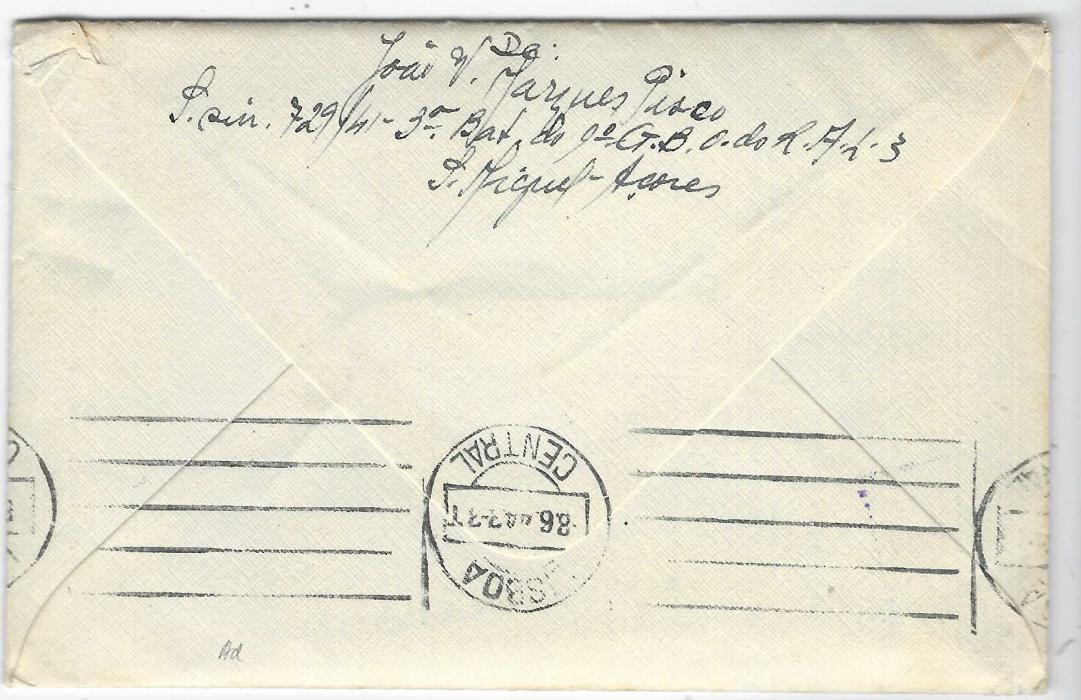Portugal (Azores) 1943 stampless envelope from a soldier to Lisbon with contents bearing three different violet handstamps, one indicating from the Military and two censors, Lisboa machine backstamp.