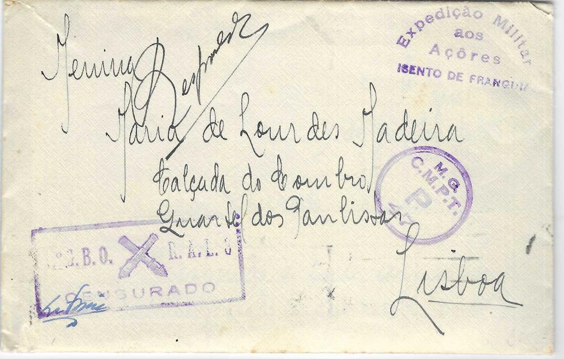 Portugal (Azores) 1943 stampless envelope from a soldier to Lisbon with contents bearing three different violet handstamps, one indicating from the Military and two censors, Lisboa machine backstamp.