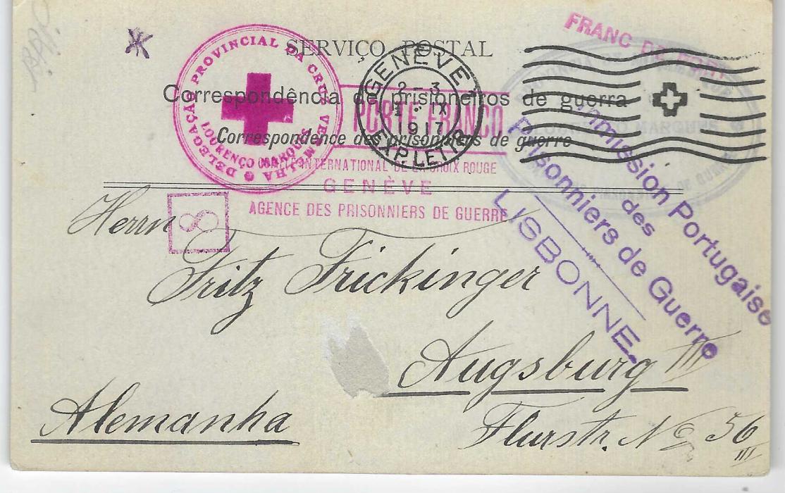 Mozambique 1917 (4.5.) printed German ‘Correspondenca de prisioneiros de guerra’ stampless card, dated and signed by prisoner on reverse, for use exclusively from Lourenco Marques, addressed to Germany with four different cachets including local Red Cross, Lisbon and Geneva Prisoner of War cachets, Geneva machine cancel at top; fine.
