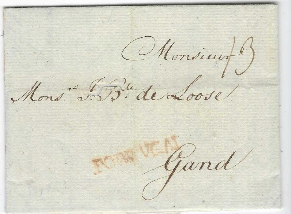 Portugal 1786 entire from Faro to Gand, Belgium sent via the Spanish Postal Agent in Cadiz and struck with the straight-line PORTUGAL handstamp, manuscript 