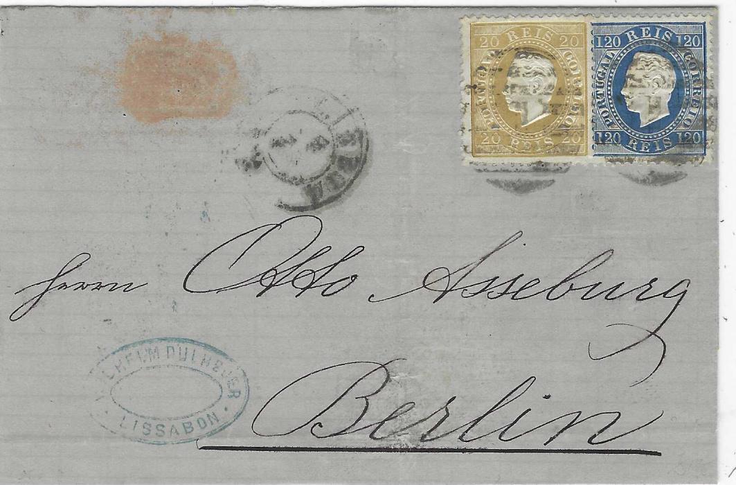 Portugal 1872 outer letter sheet to Berlin franked 20r. and 120r. tied 1 numerals with Lisboa cds in association, arrival backstamp; light vertical filing crease otherwise good condition
