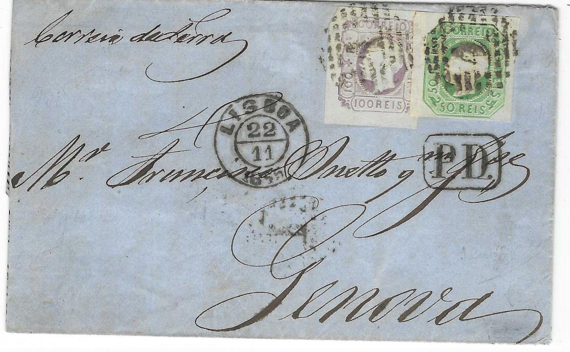 Portugal 1865 (22.11.) entire to Genova franked 1862-64 50r and 100r tied by ‘1’ in dotted lozenge with Lisboa cds in association alongside, framed P.D. below, arrival backstamp, stamps with full margins albeit slightly overlapping.