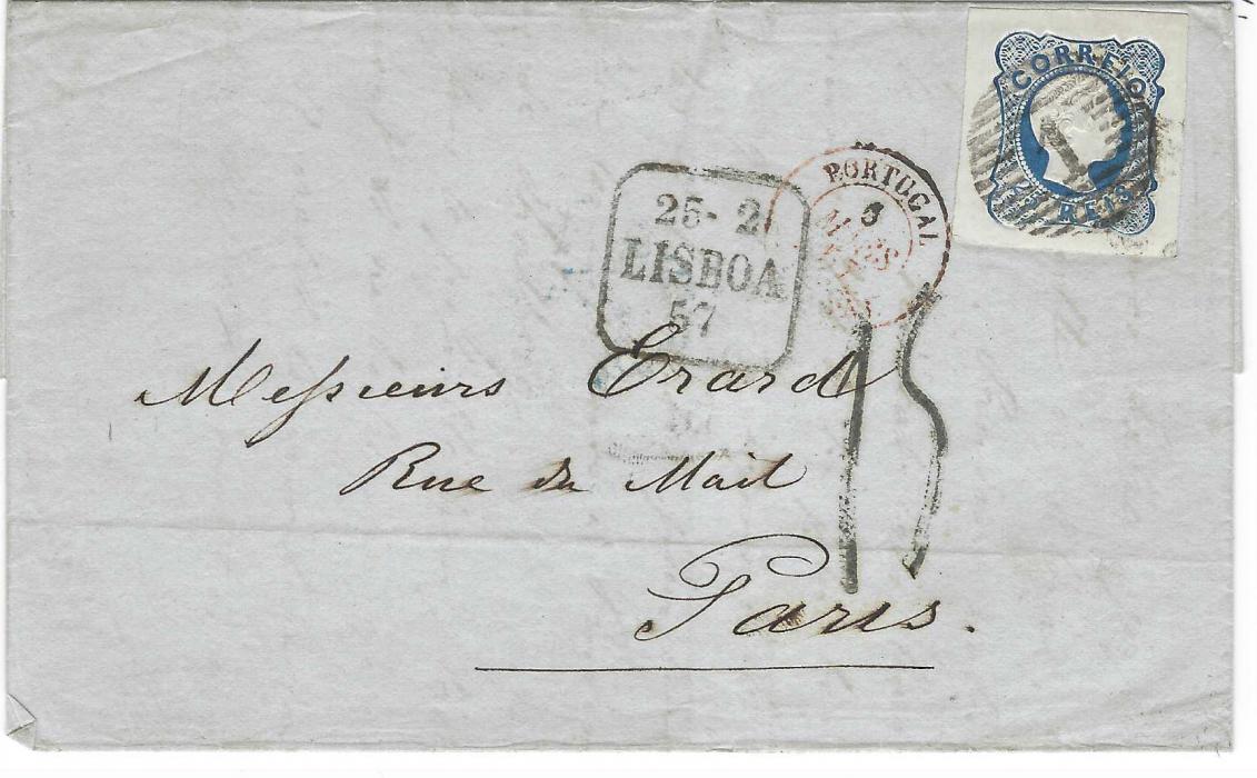 Portugal 1857 (25-2) outer letter sheet to Paris franked 1856-58 25r. with good large margins cancelled ‘1’ in horizontal bars with framed Lisboa date stamp to left, French rate handstamp and entry cds, reverse with Pyrennes A Paris tpo and arrival cds.