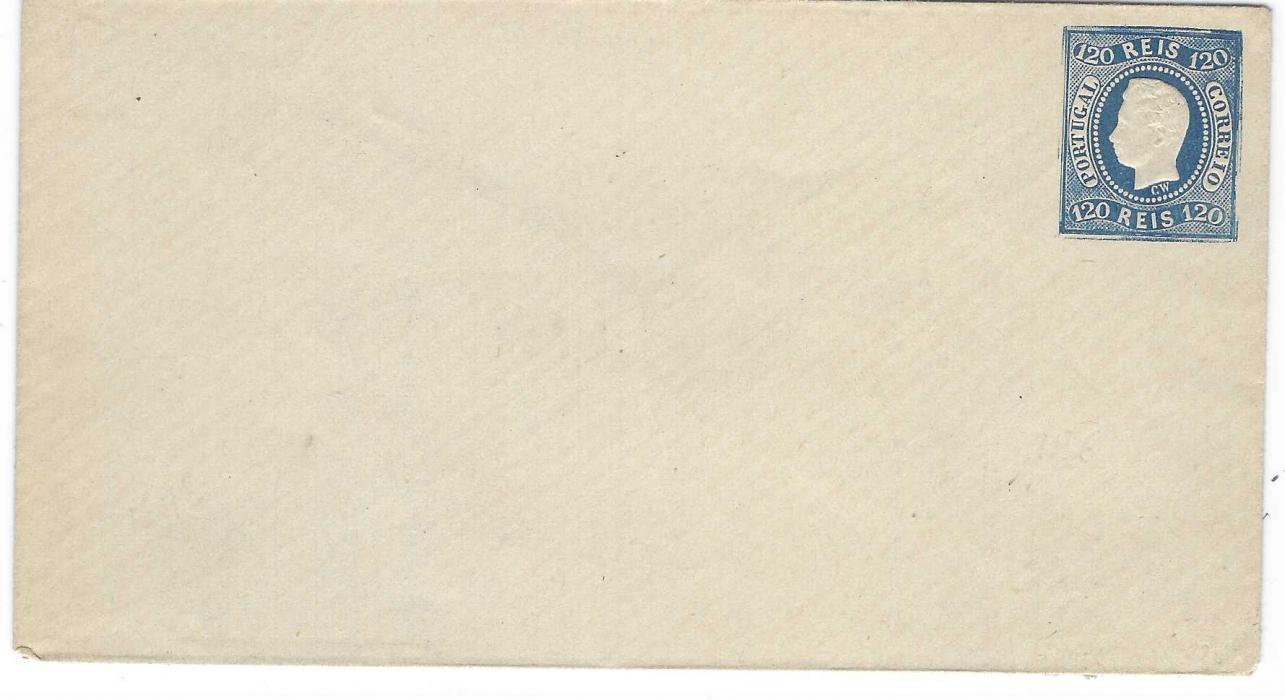 Portugal 1870s 120 reis curved label postal stationery envelope essay, 146 x 78mm. The stamp image is heavily embossed onto the paper with clear indentations of design on reverse; good condition.