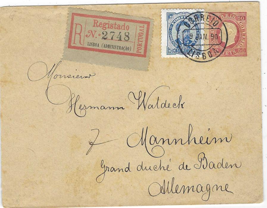 Portugal 1890 (9 Jan) King Luis 50r red postal stationery envelope registered to Manheim, Germany uprated with 1882-86 50r. tied by Lisboa cds, registration label to left, arrival backstamp. Some slight paper ageing.