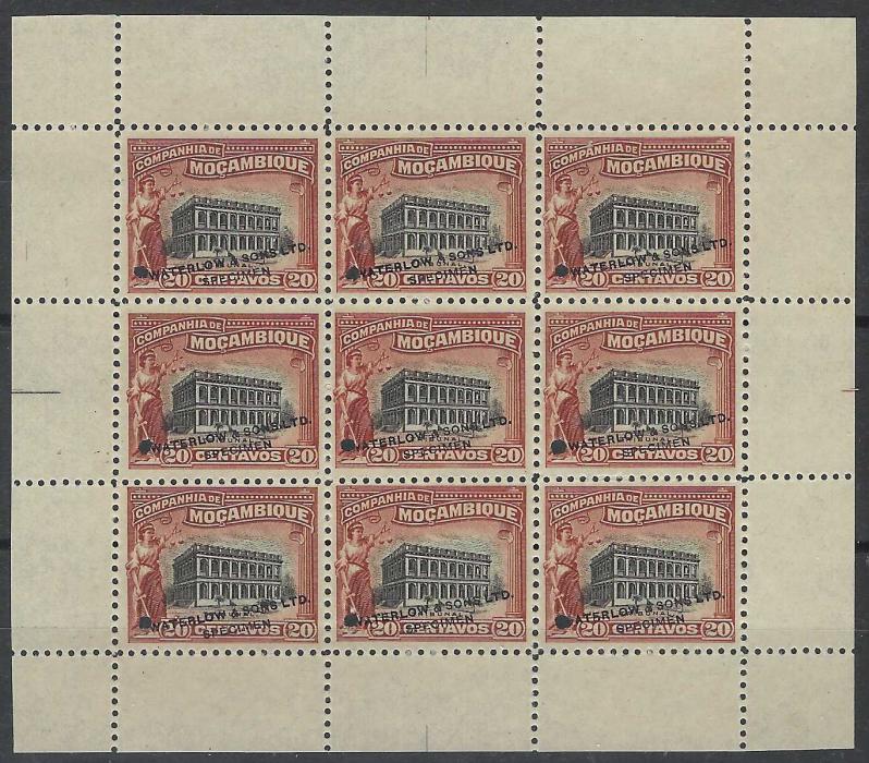 Mozambique Company 1918 20C. Law Court in unissued brown and black colour in a perforated sheetlet of nine with each stamp printed ‘Waterlow & Sons Ltd/ Specimen’ and with small archival punch hole