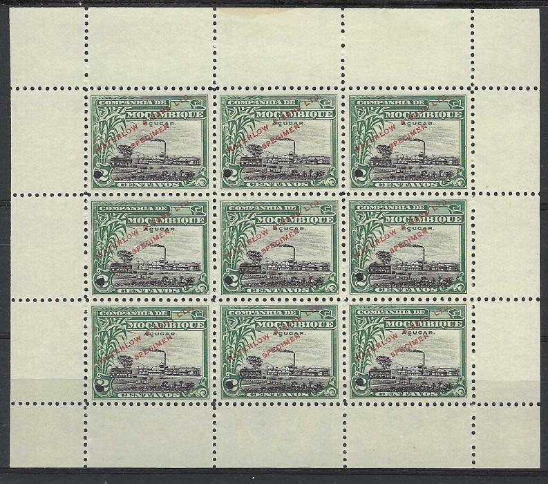 Mozambique Company 1918 2c. Sugar Factory in unissued green and black colour in a perforated sheetlet of nine with each stamp printed ‘Waterlow & Sons Ltd/ Specimen’ and with small archival punch hole.