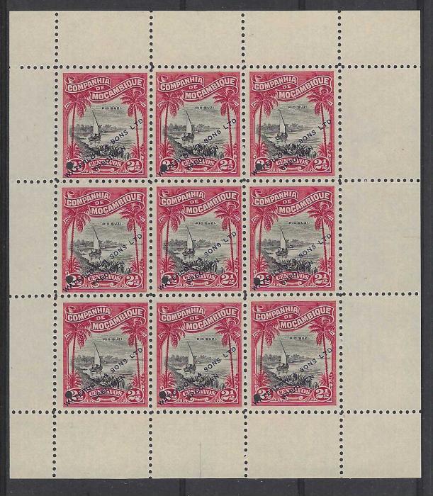 Mozambique Company 1918 2.5c. River Buzi in unissued red and black colour in a perforated sheetlet of nine with each stamp printed ‘Waterlow & Sons Ltd/ Specimen’ and with small archival punch hole.