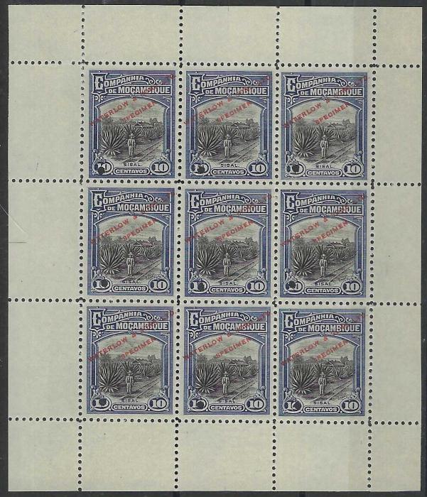 Mozambique Company 1918 10c. Sisal Plantation in unissued blue and black colour in a perforated sheetlet of nine with each stamp printed ‘Waterlow & Sons Ltd/ Specimen’ and with small archival punch hole.