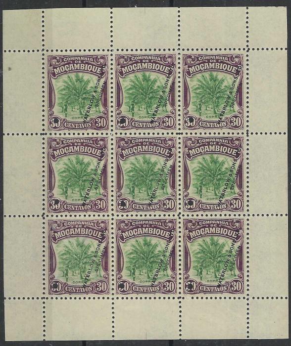 Mozambique Company 1918 30c. Coconut Palm  in unissued brown-purple and green colour in a perforated sheetlet of nine with each stamp printed ‘Waterlow & Sons Ltd/ Specimen’ and with small archival punch hole, unused without gum.