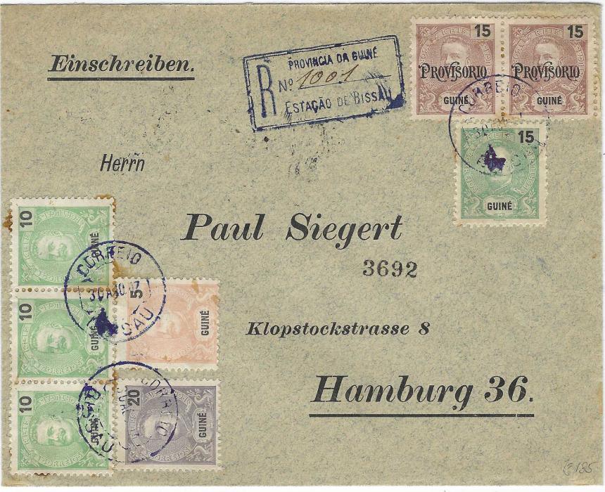 Portuguese Guinea 1907 (30 Ago) registered printed cover to Hamburg bearing multi Carlos franking tied Correio Bissau cds, registration handstamp in same colour, reverse with Lisboa transit and arrival cancel