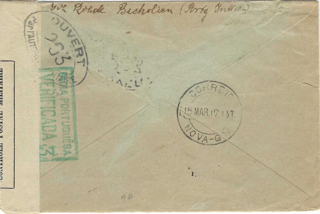 Portuguese India 1917 stampless cover to Repatriation commission in Switzerland bearing Nova Goa despatch date stamp on reverse, censor tape tied front and back by framed INDIA PORTUGUESA/ VERIFICADA (3) hanstamps, this tape overlaid by CONTROLE POSTAL MILITAIRE tape tied front and back by 203 censor cachets; some faults at top left of envelope.