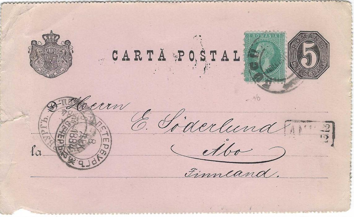 Romania 1884 two 5 bani postal stationery cards to Abo, Finland, both uprated 5 bani and cancelled Bucharest, both with St Petersburg transits and Finnish maritime boxed ANK handstamps. One card being perforated on all sides, the other just on three. Both cards with peripheral faults.
