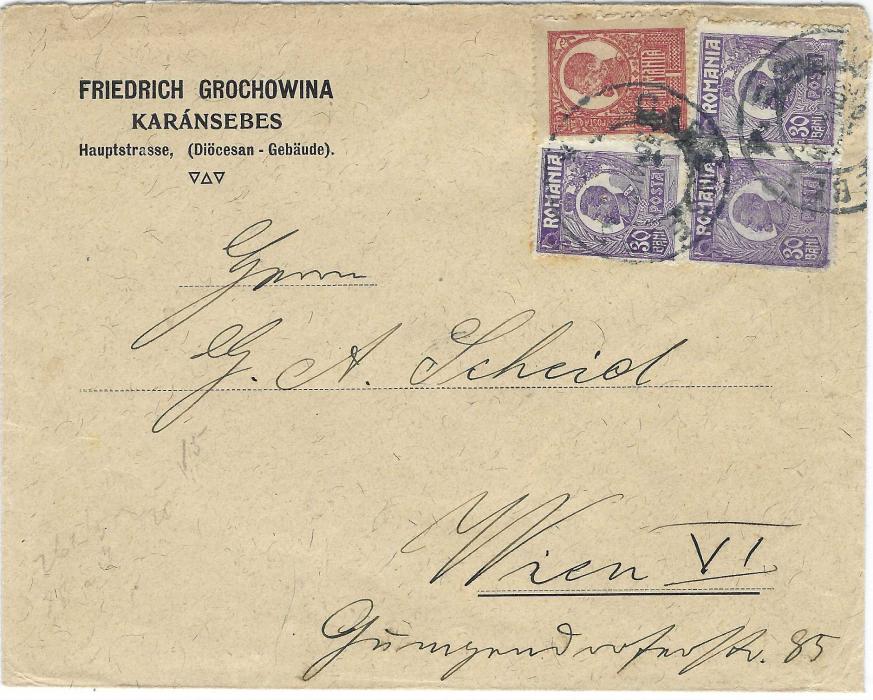 Romania 1921 (30 Mai) envelope to Vienna franked 10b and three 30b on front tied Caranabes cds, reverse with overprinted Hungarian 20f (5) also tied by the cds; small tear in backflap.