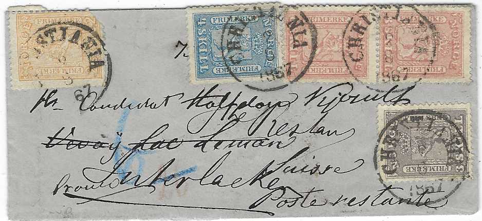 Norway 1867 (2/8) envelope to Vevey, Switzerland, redirected to Interlaken franked 1863-64 2sk., 3sk., 4sk. and a pair of 8sk., an extremely rare 25sk. rate, tied by Christiana cds, reverse with blue Keil/ Hamburg tpo, Basel, Vevey, Ambuant Consulaire and Lausanne transits and arrival cds