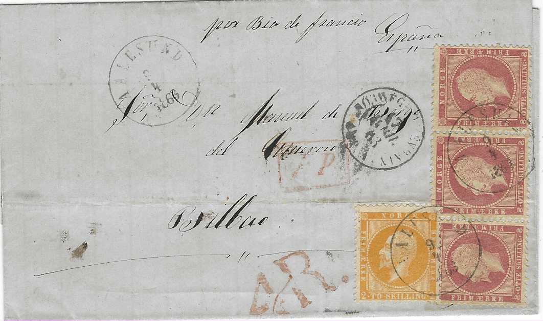 Norway 1863 (9/4) outer letter sheet to Bilbao, Spain franked 1856-57 Oscar 2sk. and horizontal strip of three 8sk. tied Aalesund cds, to left black Norwege Quievrain Amb tpo, red framed P.P. and ‘4R.’ local charge, reverse with Sandosund and Paris transits. Horizontal filing crease affecting middle 8sk. from strip