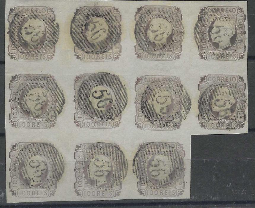 Portugal 1862-64 King Luis 100r. dull lilac in block of eleven, each stamp cancelled ‘56’ numeral within circular framed bars, clear margins all round, two of the stamps with some splitting of embossing around head reinforced with hinges; a fine multiple.