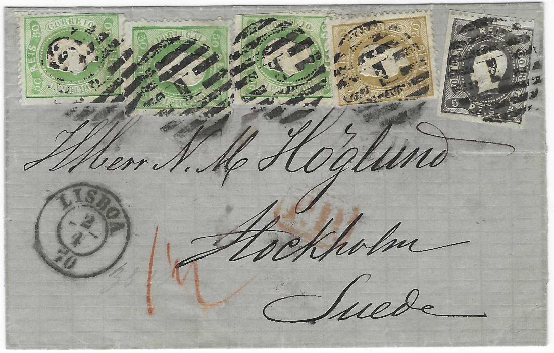 Portugal 1870 (2/4) outer letter sheet to Stockholm, Sweden franked 1867-70 ‘Curved Label’ 5r., 20r. and 50r. (3) tied ‘1’ numeral obliterators with Lisboa cds in association, framed P.D. handstamp; some faults to stamps but still a fine franking to a rare destination.