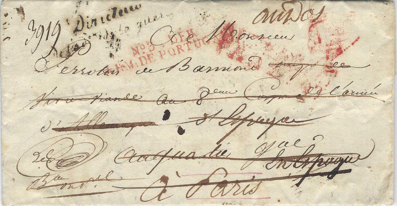 Portugal (Napoleonic Mail) 1810 entire to Paris with black two-line unclear Directeur ... de la guerre, fine ‘No.3 DEB/ ARM DE PORTUGAL’, this handstamp repeated on reverse together  with black ‘DEB. Bau .../ ARM. DE PORTUGAL’, a fine and rare cover